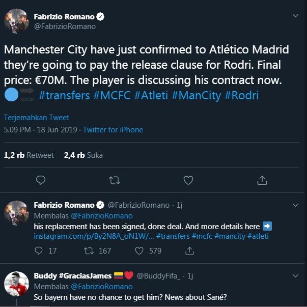 Fabrizio Romano, jurnalis kawakan asal Italia mengonfirmasi akan pemain baru Manchester City, Rodrigo Copyright: twitter.com/FabrizioRomano