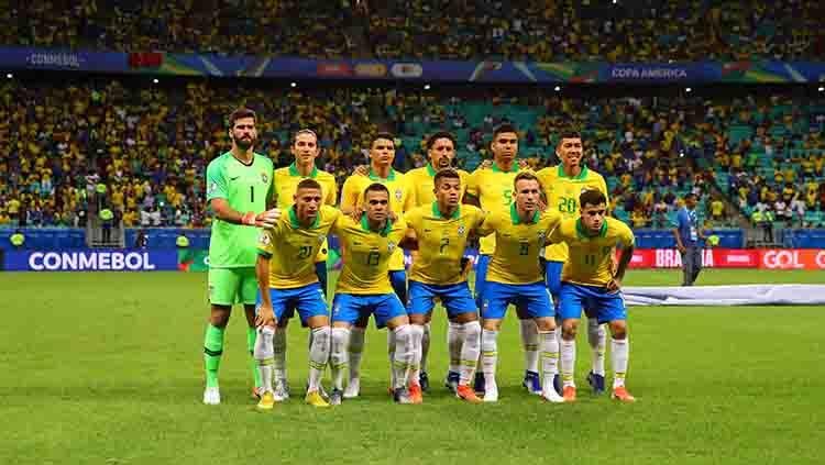Skuat timnas Brasil dalam laga Copa America 2019 fase grup di Arena Fonte Nova, Rabu (19/06/19). Copyright: Chris Brunskill/Fantasista/Getty Images