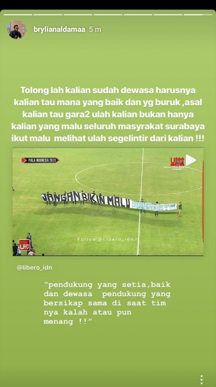 Tanggapan Brylian Aldama, pemain Timnas Indonesia U-19 terkait laga kericuhan Persebaya Surabaya vs Madura United. Copyright: Instagram.com/brylianaldama