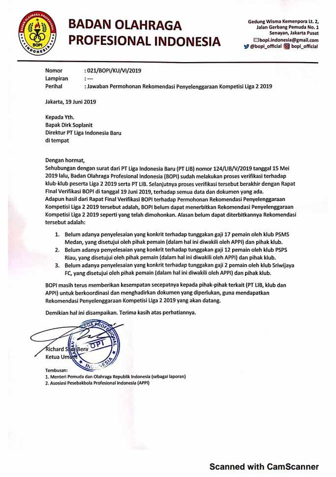 Surat jawaban permohonan rekomendasi Penyelenggara Kompetisi Liga 2 2019. Foto: Muhammad Effendi/ INDOSPORT Copyright: Muhammad Effendi/ INDOSPORT
