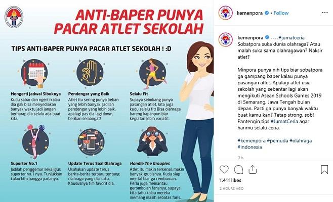 Kementerian Pemuda dan Olahraga (Kemenpora) memberi tips anti-baper punya pacar atlet sekolah. Copyright: Instagram @kemenpora
