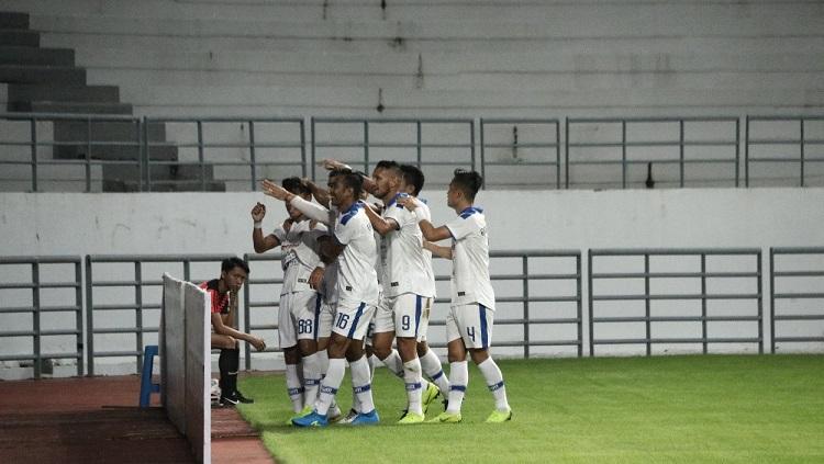 Selebrasi gol PSIM Yogyakarta dalam laga melawan Persiba Balikpapan, Sabtu (22/6/19).