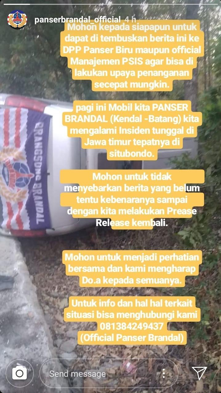 Panser Biru Brandal mengkonfirmasi kejadian kecelakaan tunggal yang dialaminya Copyright: Instagram/@panserbrandal_official