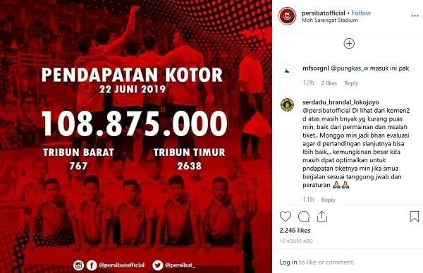 Akun resmi Persibat mengumumkan total pendapatan kotor tiket usai laga melawan Persiraja di Liga 2. Copyright: Instagram @persibatofficial