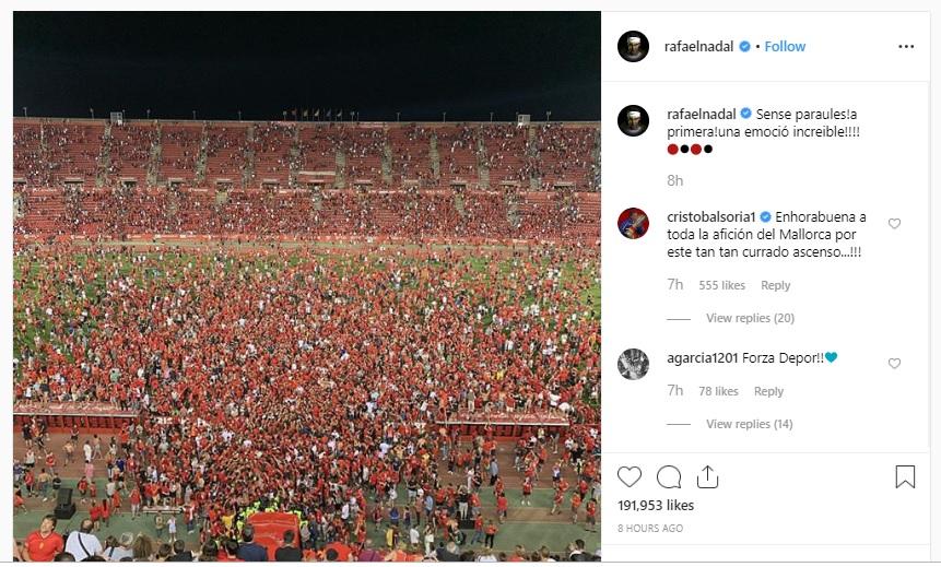 Rafael Nadal menyaksikan final playoff Real Mallorva vs Deportivo La Coruna  dengan skor 3-0 pada hari Senin (24/06/19) Copyright: Instagram/Rafel Nadal