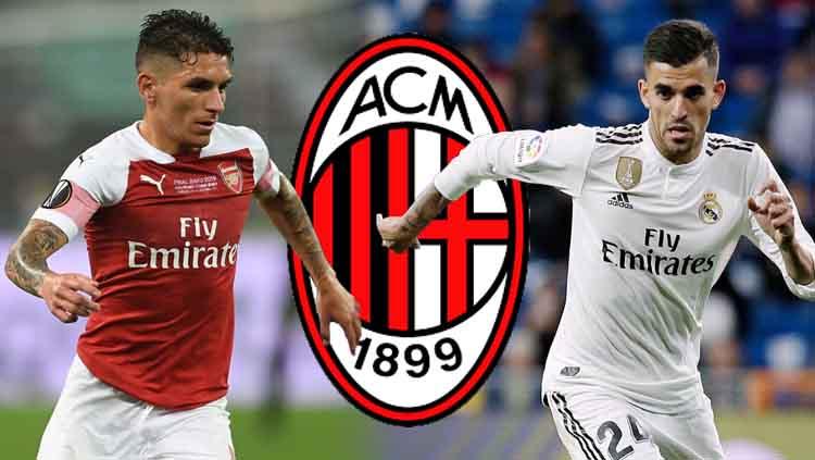Lucas Torreira, Daniel Ceballos dan logo AC Milan.