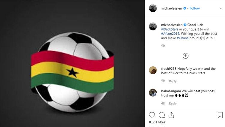 Eks Persib (2017) Michael Essien memberikan dukungan pada Timnas Ghana di Piala Afrika 2019. Copyright: Instagram/@michaelessien