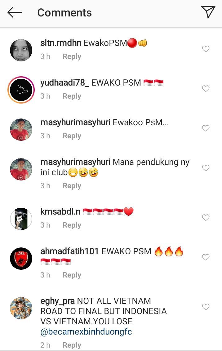 Suporter PSM Makassar Penuhi Kolom Komentar Instagram Becamex Copyright: Instagram/becamexbinhduongfc