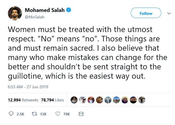 Bintang Liverpool dan Timnas Mesir, Mohamed Salah, kembali mengutarakan seruan untuk menghormati wanita. Copyright: Twitter @MoSalah