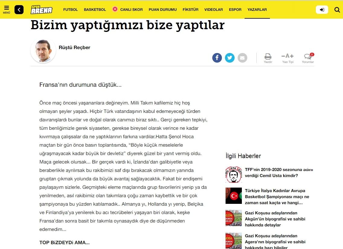 Rustu Recber menjadi kolumnis di protal berita olahraga Turki. Copyright: http://www.hurriyet.com.tr