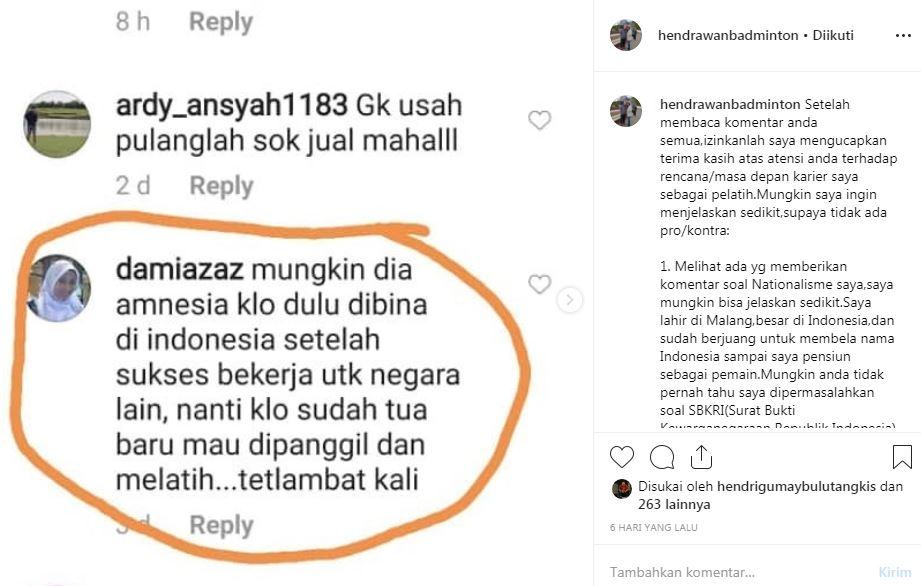 Hendrawan menjawab kritikan netizen. Copyright: Instagram/Hendrawanbadminton