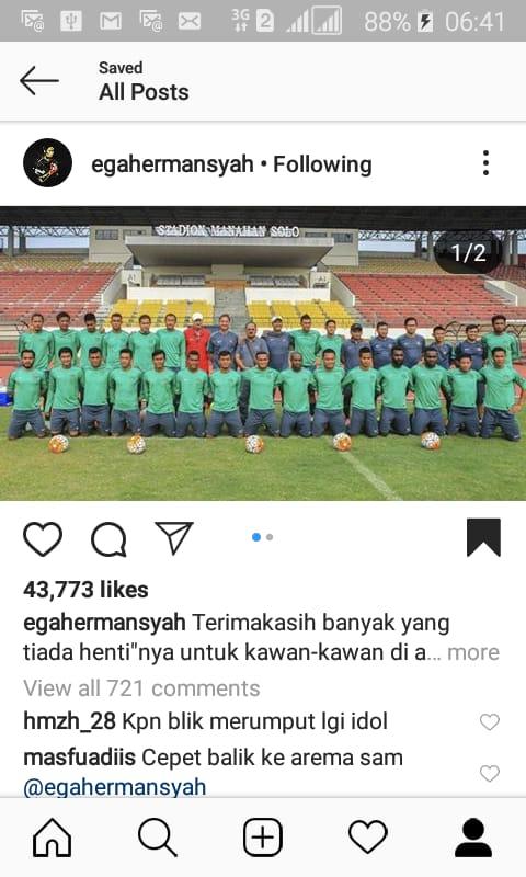 Unggahan Kurnia Meiga di Instagram, dapat dukungan dari teman-teman di Timnas Indonesia. Copyright: Instagram/Ega Hermansyah