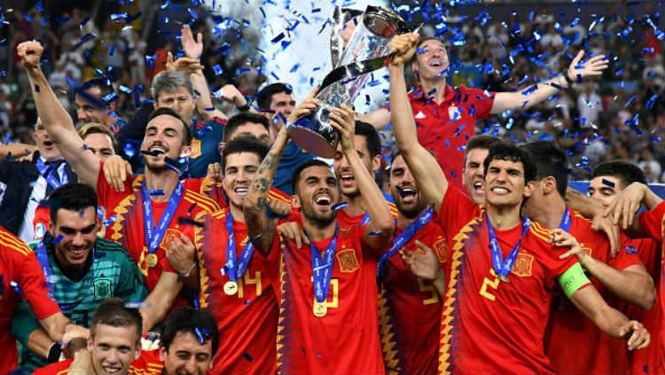 Timnas Spanyol U-21 telah berhasil meraih gelar juara Euro U-21 2019 setelah mengalahkan Jerman di partai final dengan skor 2-1, Senin (01/07/19) dini hari WIB. Alessandro Sabattini/Getty Images
