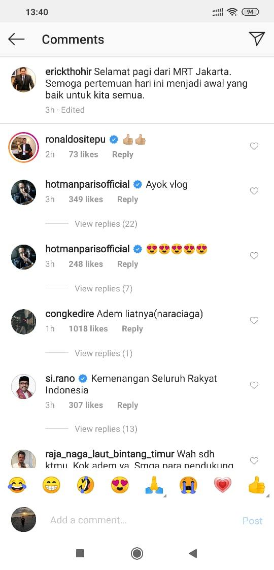 Ronaldo memberikan jempol di unggahan Instagram Erick Thohir Copyright: Instagram/Erickthohir