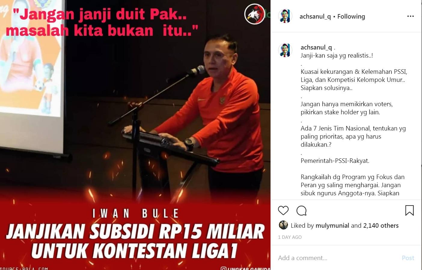 Presiden Madura United, Achsanul Qosasi menyindir janji bakal calon ketua umum PSSI. Copyright: Instagram.com/@achsanul_q