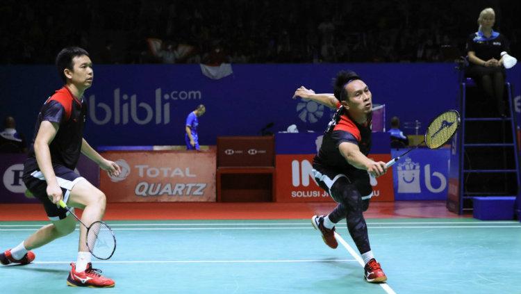 Hendra Setiawan/Mohammad Ahsan di babak pertama Indonesia Open 2019.