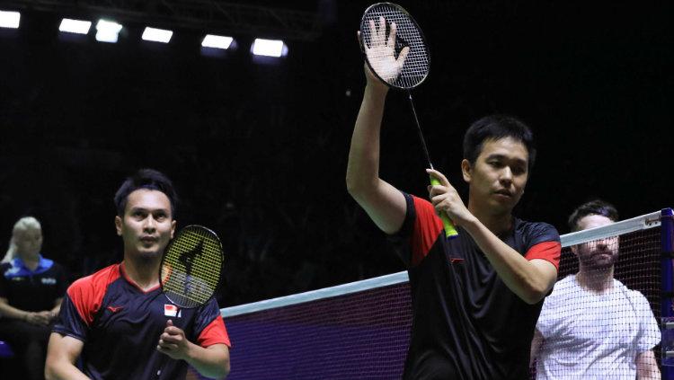 Hendra Setiawan/Mohammad Ahsan di babak pertama Indonesia Open 2019. Copyright: Humas PP PBSI