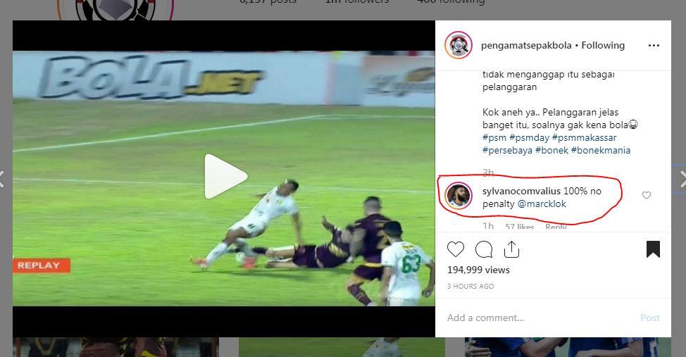 Comvalius, bintang Arema FC, mengomentari soal pemain Persebaya yang ditekel di kotak penalti. Copyright: https://www.instagram.com/pengamatsepakbola/