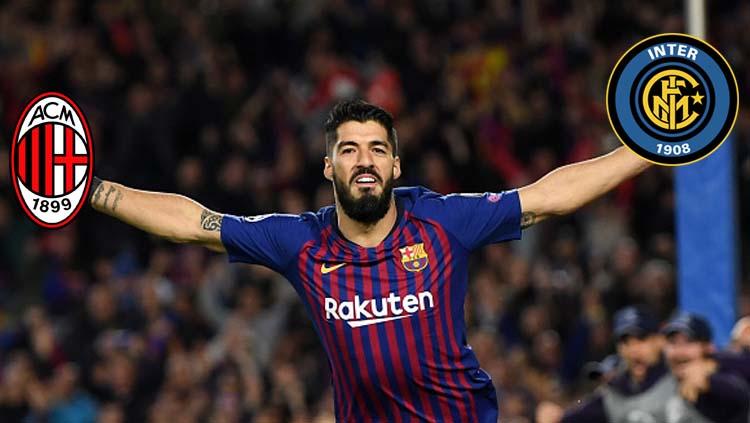 Logo AC Milan dan Inter bersama Luis Suarez, striker Barcelona.