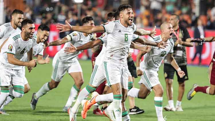 Ekspresi kegembiraan Timnas Aljazair saat mereka memastikan diri menjadi juara Piala Afrika 2019 usai bekuk Senegal