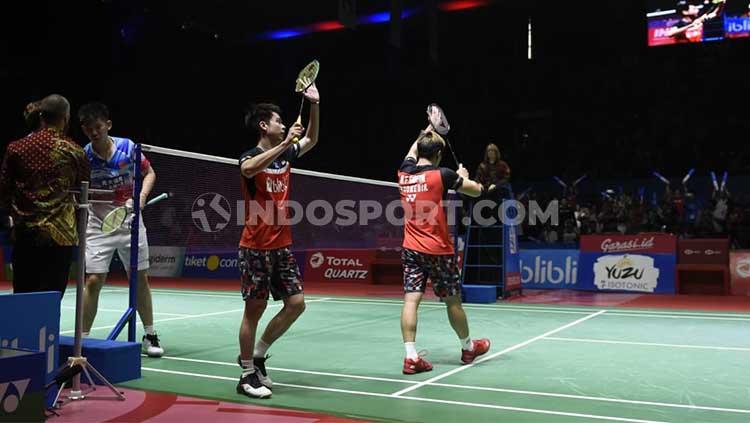 Kevin Sanjaya & Marcus Gideon berhasil melaju ke babak final Indonesia Open 2019 usai menang dengan skor 21-9, 21-13.