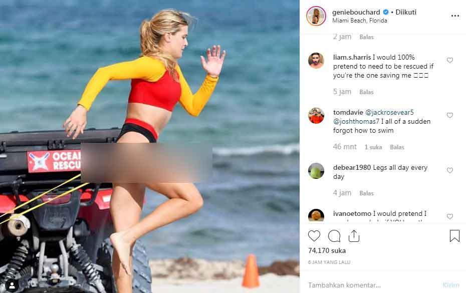 Petenis Genie Bouchard pamer foto saat beraksi ala pemeran Baywatch. Copyright: Instagram/Genie Bouchard