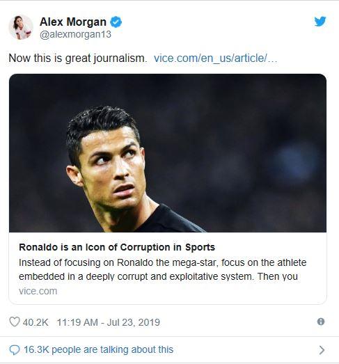 Cuitan Alex Morgan di Twitter soal Cristiano Ronaldo. Copyright: Twitter @alexmorgan13