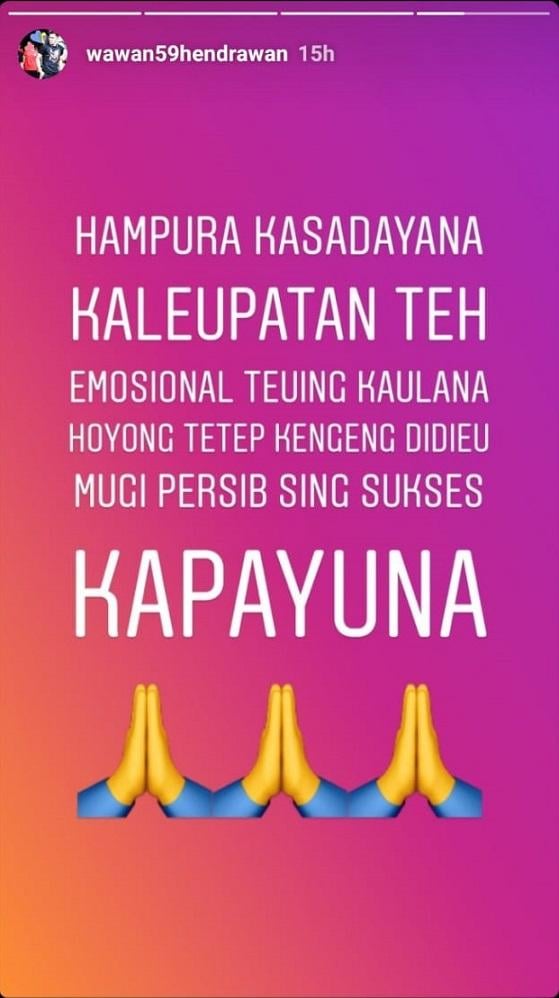 Permintaan maaf kiper Bali United, Wawan Hendrawan, usai mengulur waktu saat hadapi Persib Bandung, Jumat (26/07/19) di Stadion Si Jalak Harupat Copyright: Instagram/Wawan59Hendrawan
