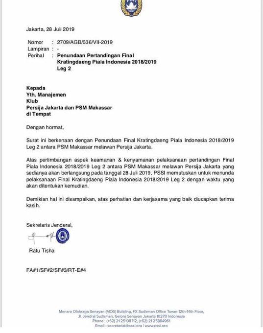 Surat keputusan PSSI mengenai penundaan final leg 2 Kratingdaeng Piala Indonesia 2018/19 PSM Makassar vs Persija Jakarta Copyright: PSSI