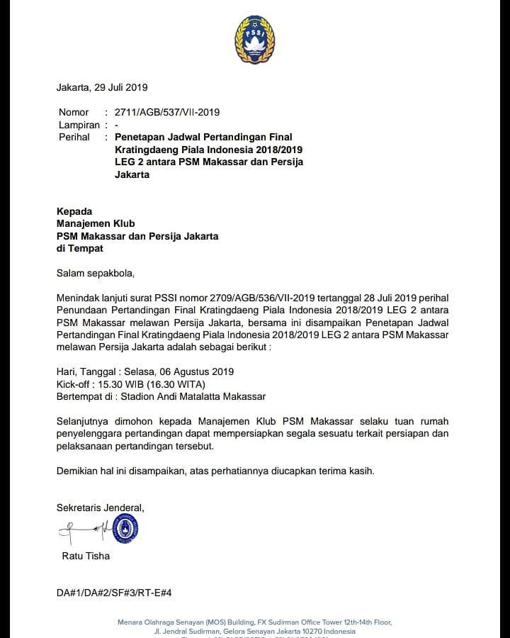 Surat resmi penetapan Jadwal Final Piala Indonesia. Copyright: PSSI