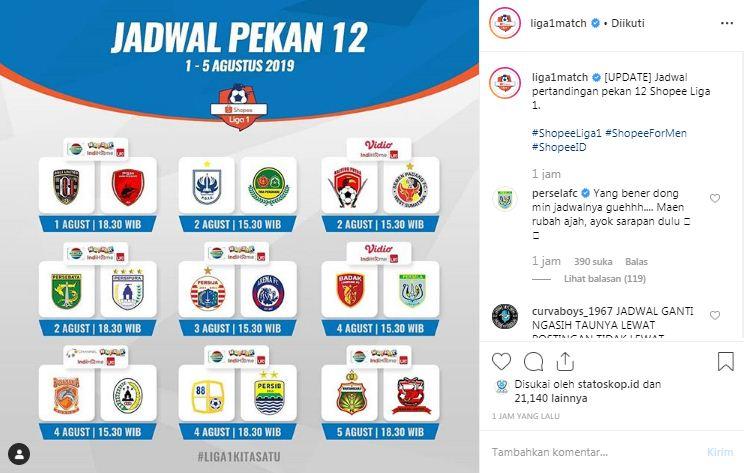 Komentar akun resmi Persela terkait perubahan jadwal Liga 1 2019 pekan ke-12 menghadapi Perseru Badak Lampung FC Copyright: Instagram/liga1match
