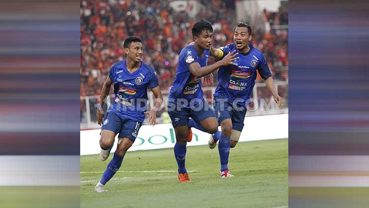 Selebrasi Ahmad Nur Hadianto dalam laga Persija vs Arema FC di SUGBK, Senayan pada pekan ke-12 Liga 1 2019, Sabtu (03/08/19).