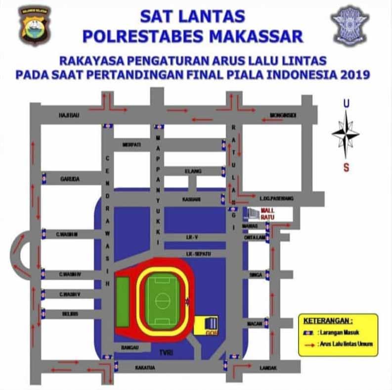 Denah rekayasa pengaturan arus lalu tintas pada saat pertandingan Final Piala Indonesia 2019. Foto: Polrestabes Makassar Copyright: Polrestabes Makassar