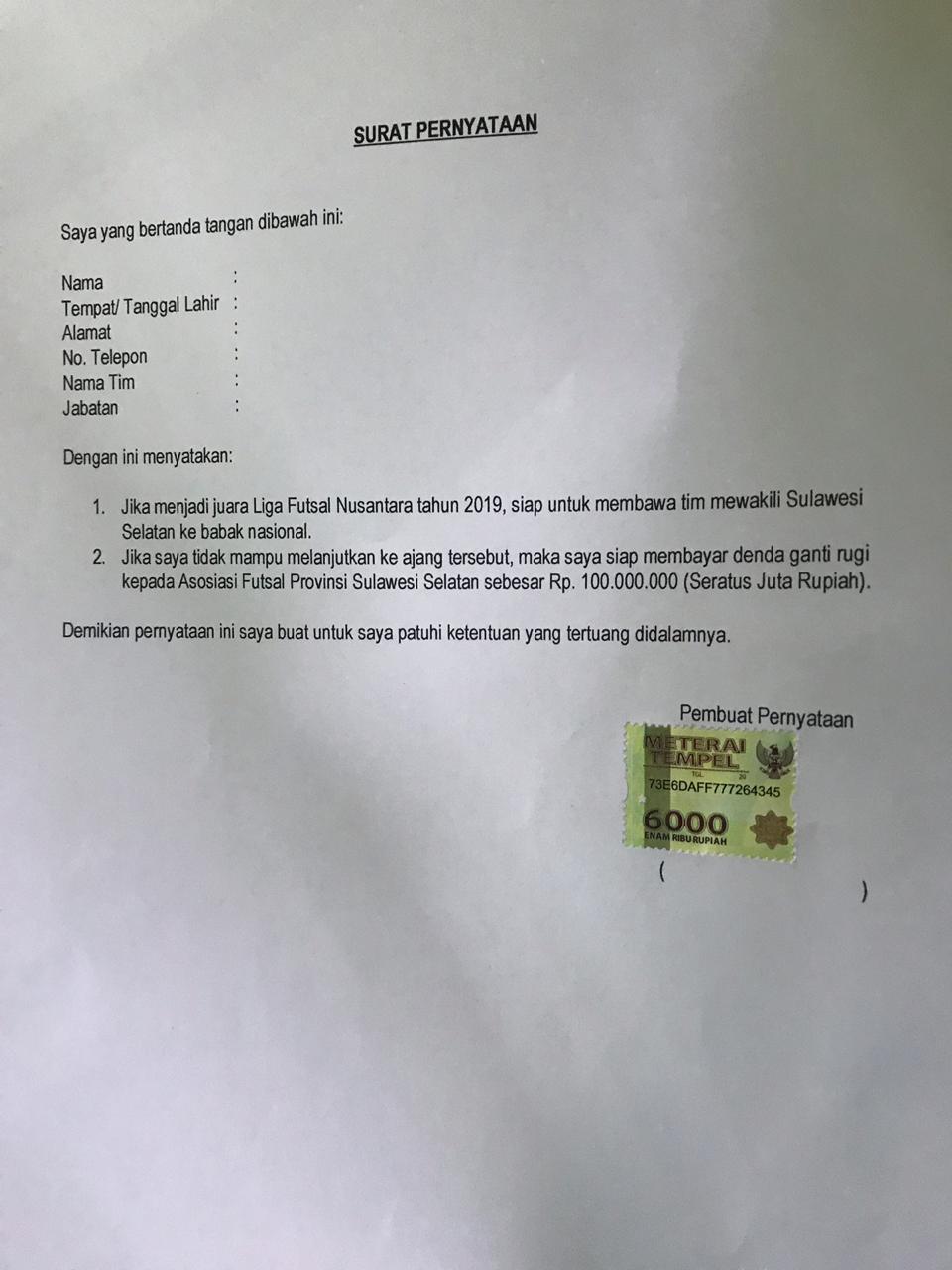 Surat pernyataan dari panpel LFN Sulsel 2019 yang diberikan kepada 4 klub kontestan kategori putri. Namun, RGC Foundation FC tidak ingin menandatangani surat pernyataan tersebut. Copyright: Mardiana Majid, Manajer RGC Foundation FC