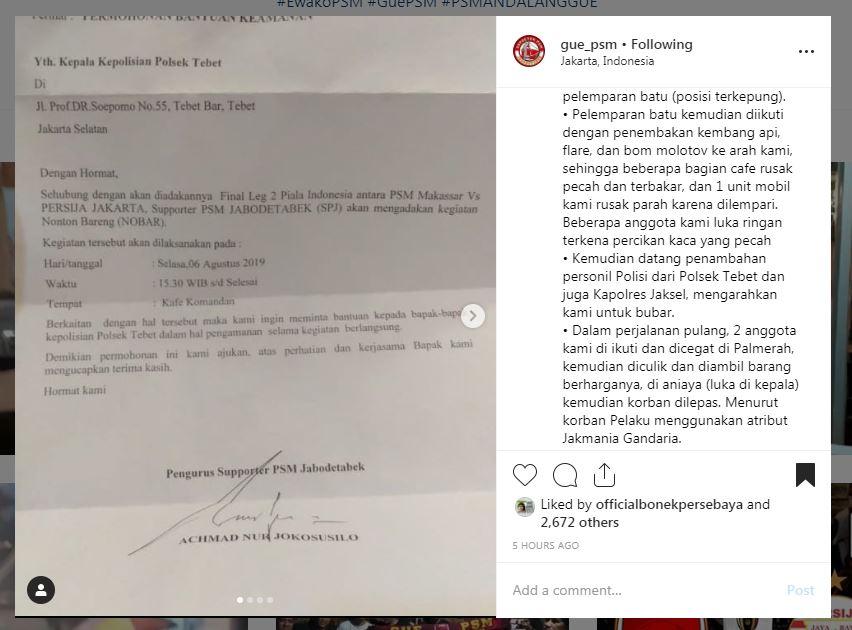 Kronologis Kejadian Terduga Oknum Jakmania Serang Suporter PSM di Jakarta. Copyright: https://www.instagram.com/gue_psm/