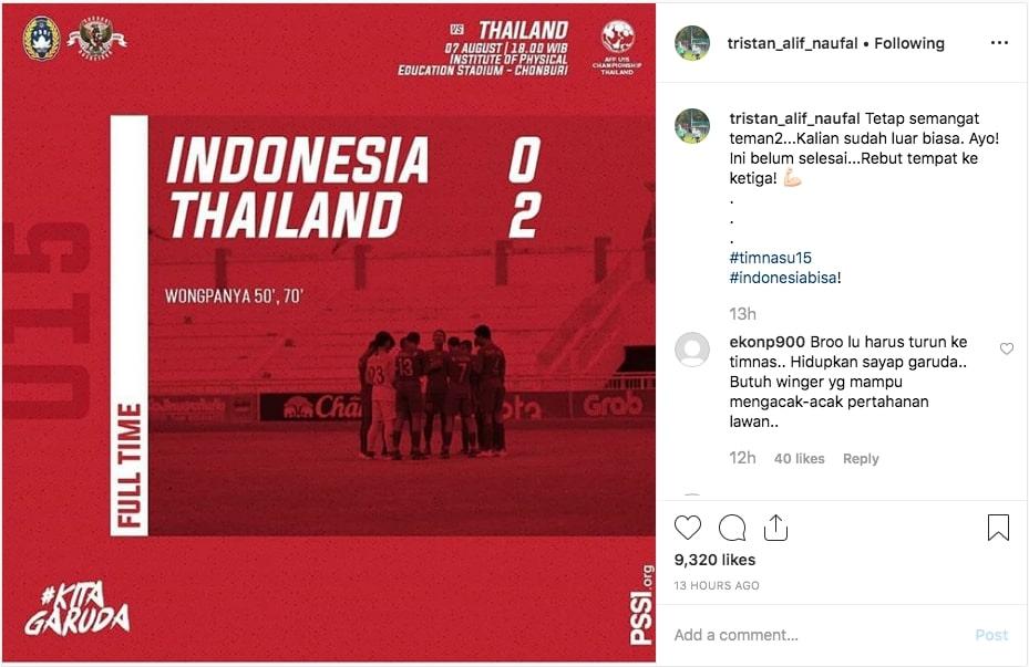 Tristan Alif Naufal memberikan pesan penyemangat usai Timnas Indonesia dikalahkan Thailand di semifinal Piala AFF U-15 2019. Copyright: https://www.instagram.com/tristan_alif_naufal/