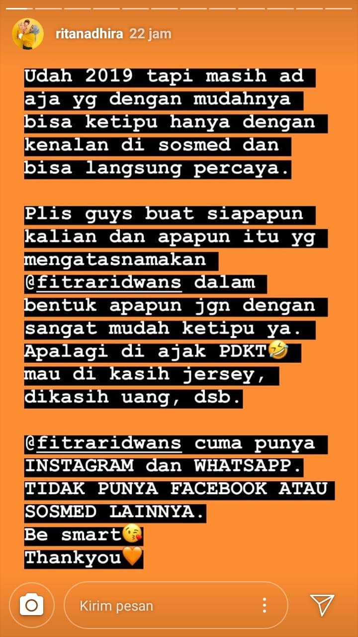 Insta Story Istri Fitra Ridwan menceritakan modus penipuan atas nama suaminya. Copyright: Instagram
