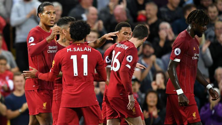 Selebrasi para pemain Liverpool saat mencetak gol ke gawang Norwich City di laga perdana Liga Primer Inggris, Sabtu (10/08/19). Copyright: Michael Regan/Getty Images