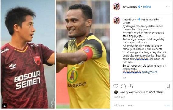 Bayu Gatra mengaku sudah memaafkan Rizky Pora atas insiden pemukulan usai laga PSM Makassar vs Barito Putera Copyright: Instagram/Bayu Gatra