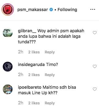 Suporter PSM Makassar meminta klarifikasi terkait keberadaan Raphael Maitimo di daftar susunan pemain. Copyright: https://www.instagram.com/psm_makassar/