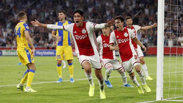 Edson Alvarez merayakan gol pada laga play-off leg kedua Liga Champions 2019/20 antara Ajax Amsterdam vs APOEL, Kamis (29/08/19) dini hari WIB. Copyright: Twitter/@ChampionsLeague
