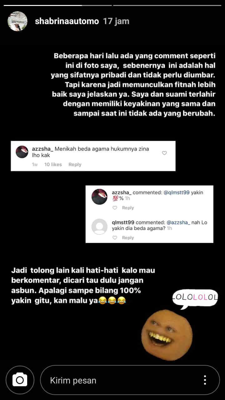 Shabrina Ayu menegur netizen melalui insta story. Copyright: Instagram/Shabrina Ayu