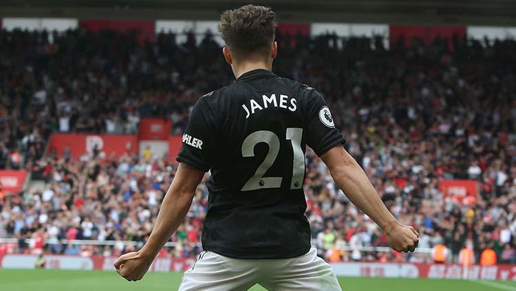 Selebrasi pemain sayap Manchester United, Daniel James, ke gawang Southampton, Sabtu (31/8/19) Copyright: Matthew Peters/GettyImages