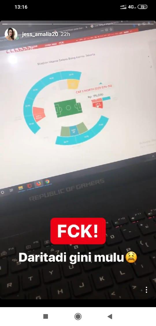 Jess Amalias kesal karena kesulitan membeli tiket Indonesia vs Malaysia secara online Copyright: Instagram Story Jess Amalia