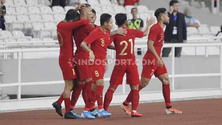 Beto Goncalves berselebrasi usai mencetak gol ke gawang Malaysia, Kamis (09/05/2019). Foto: Herry Ibrahim/INDOSPORT.