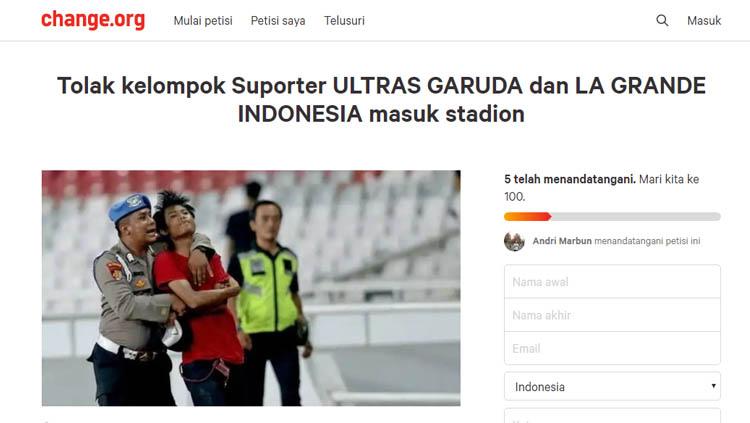 Petisi Andri Marbun yang meminta suporter Ultras Garuda dan La Grande Indonesia masuk ke stadion. Copyright: change.org