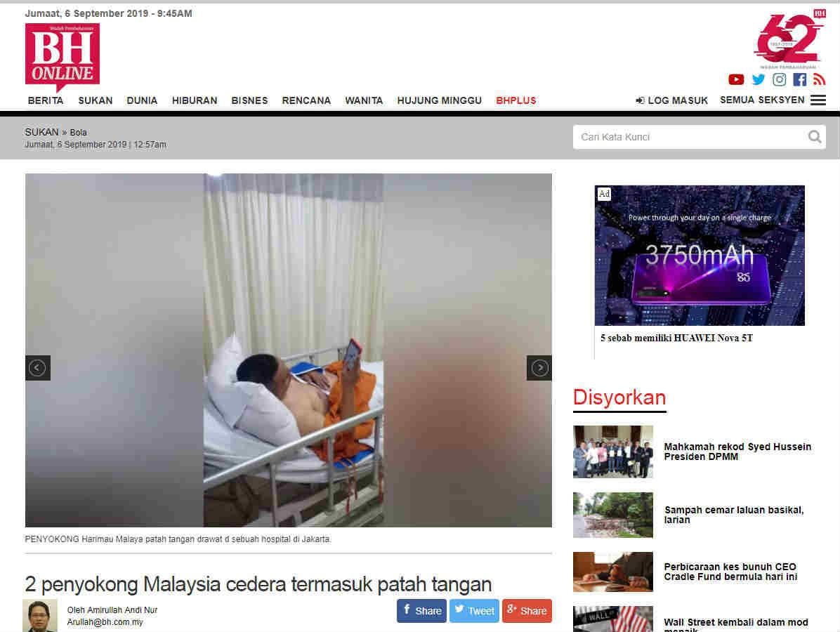 Media Malaysia klaim dua suporternya cedera usai laga Timnas Indonesia vs Malaysia. Copyright: Berita Harian