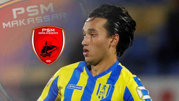 Ezra Walian dan logo PSM Makassar.