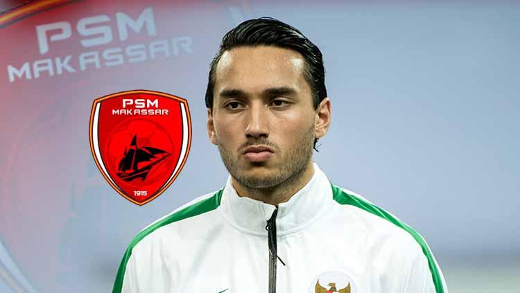 Ezra Walian dan logo PSM Makassar.