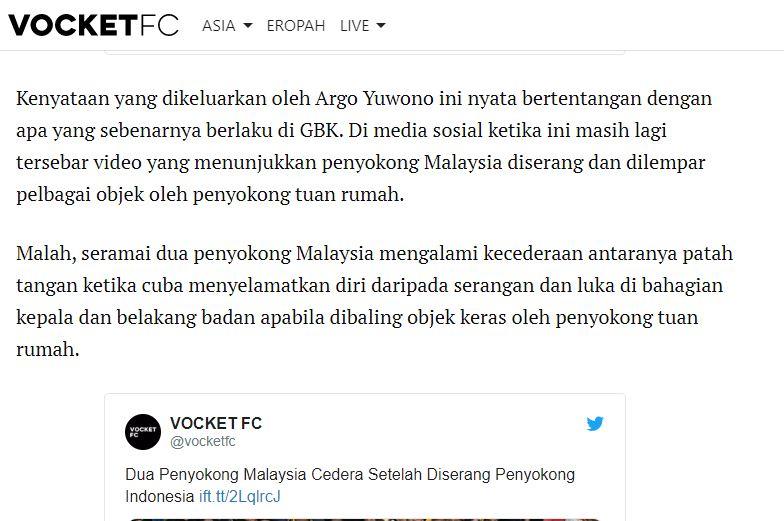 Media Malaysia, Vocketfc, menganggap Kombes Agus Yuwono tidak jujur soal laporan insiden di SUGBK. Copyright: Vocketfc.com